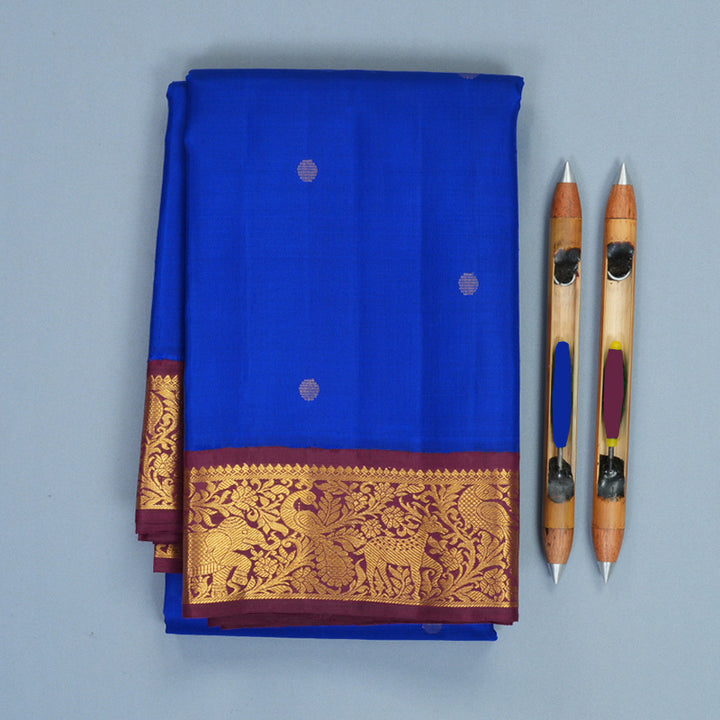 Hayagrivas Handloom MS Blue Kanjivaram Silk Saree with Burgundy Border KBF1004I3-1