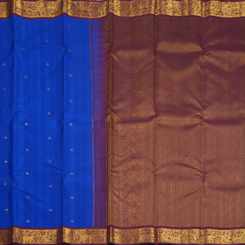 Hayagrivas Handloom MS Blue Kanjivaram Silk Saree with Burgundy Border KBF1004I3-1