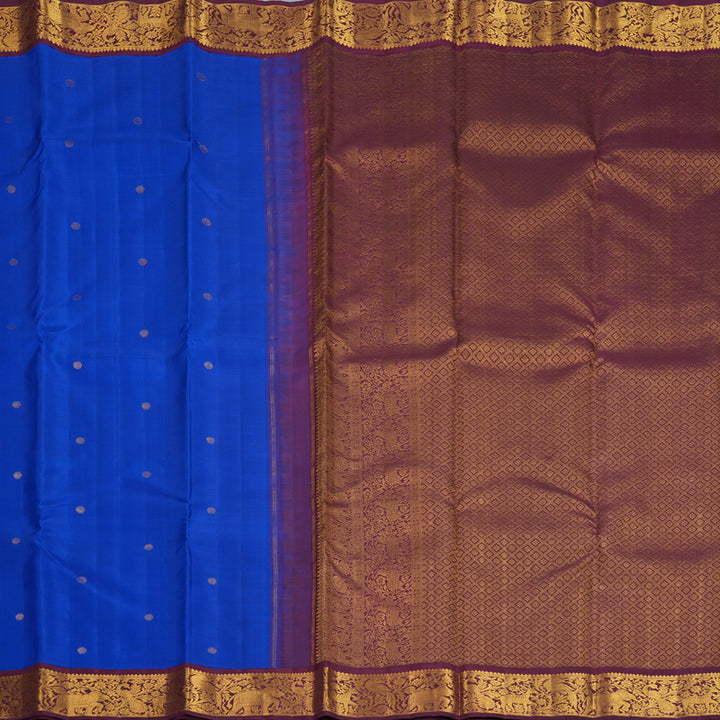 Hayagrivas Handloom MS Blue Kanjivaram Silk Saree with Burgundy Border KBF1004I3-1