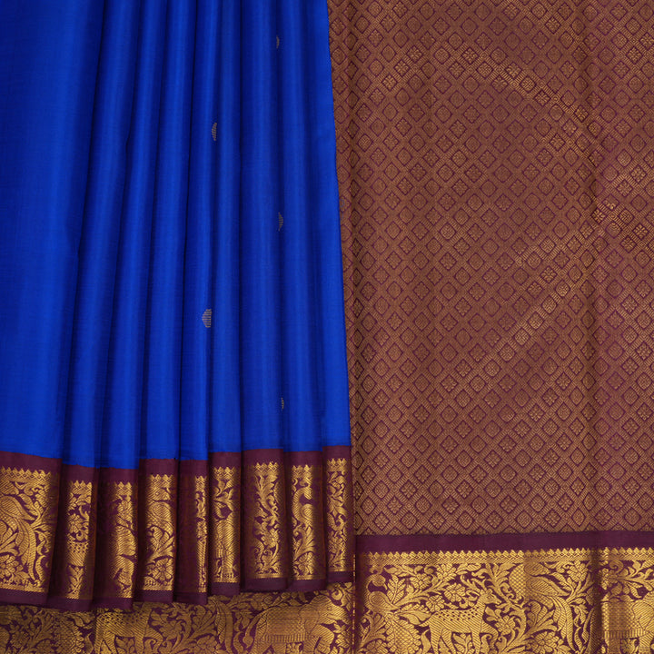 Hayagrivas Handloom MS Blue Kanjivaram Silk Saree with Burgundy Border KBF1004I3-1