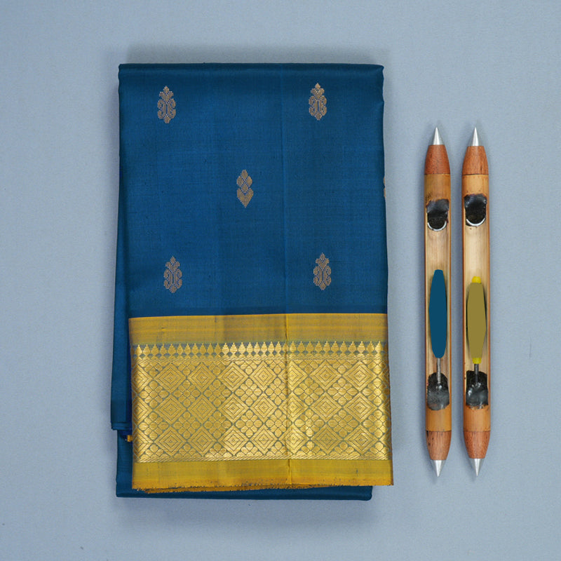 Hayagrivas Peacock Blue Pure One-sided Border Kanjivaram Silk Saree KBF1005I1-17