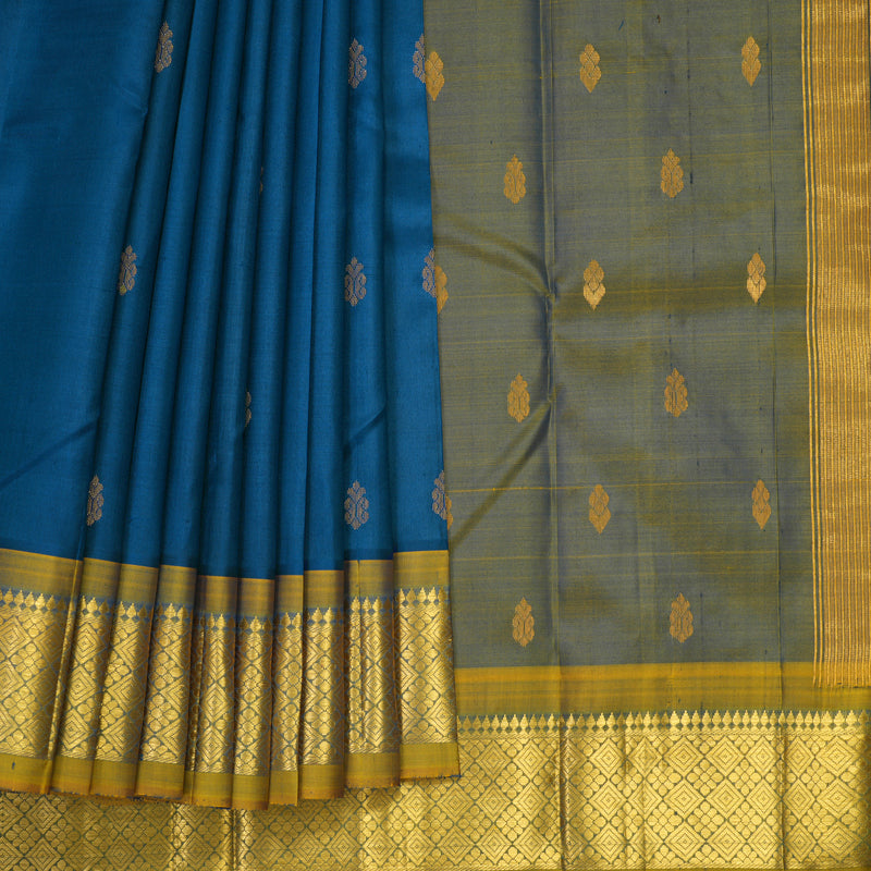 Hayagrivas Peacock Blue Pure One-sided Border Kanjivaram Silk Saree KBF1005I1-17