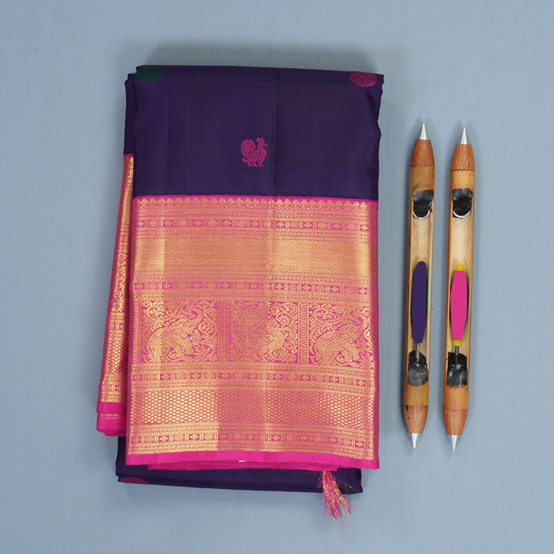 Hayagrivas Handloom Midnight Blue Kanjivaram Silk Saree with Pink Border KBF1008I1-1