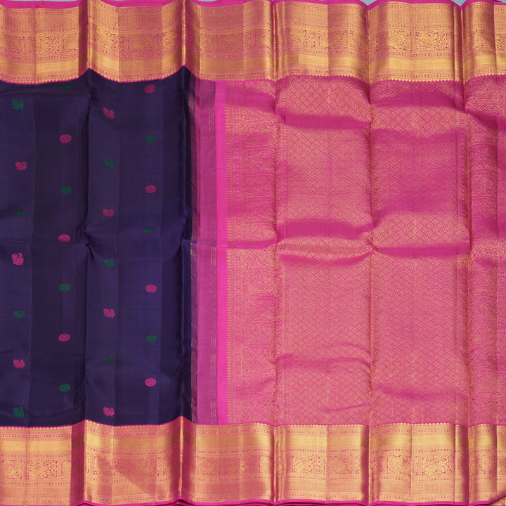 Hayagrivas Handloom Midnight Blue Kanjivaram Silk Saree with Pink Border KBF1008I1-1