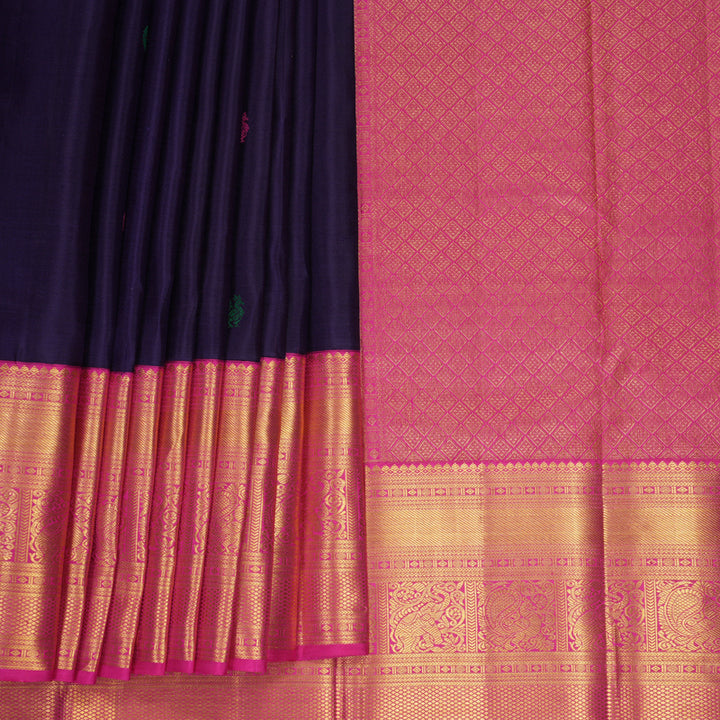 Hayagrivas Handloom Midnight Blue Kanjivaram Silk Saree with Pink Border KBF1008I1-1