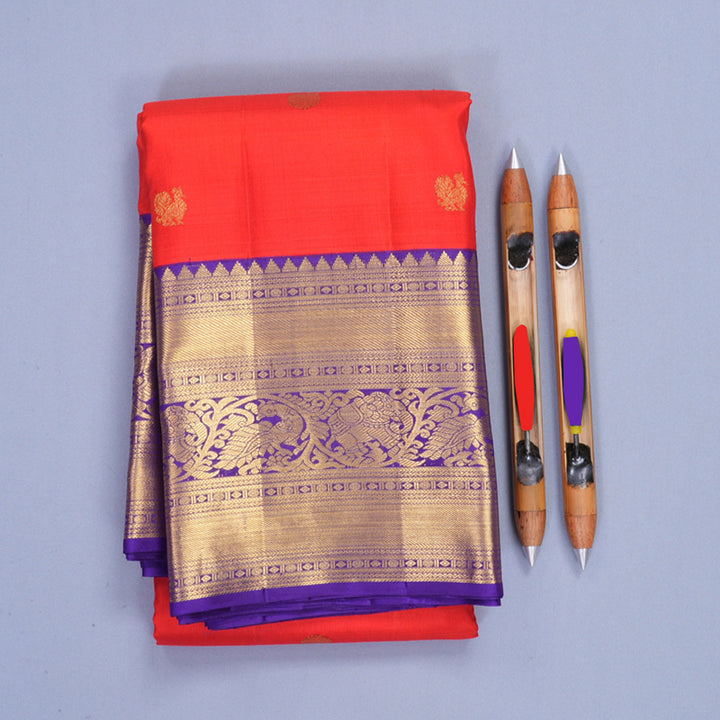 Hayagrivas Handloom Red Kanjivaram Silk Saree with Purplish-Blue Border KBF1008I1-2