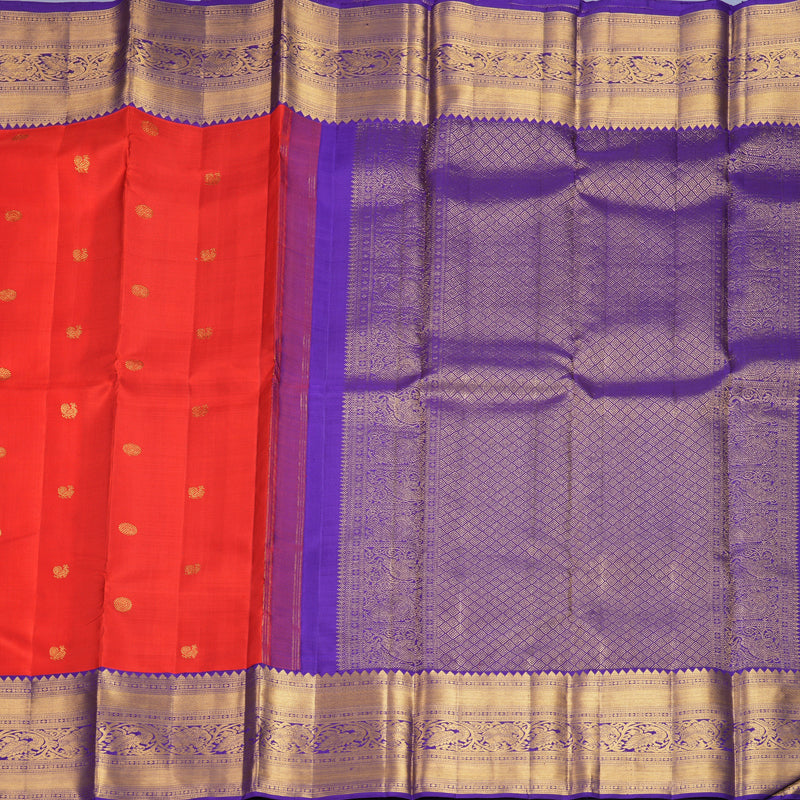 Hayagrivas Handloom Red Kanjivaram Silk Saree with Purplish-Blue Border KBF1008I1-2