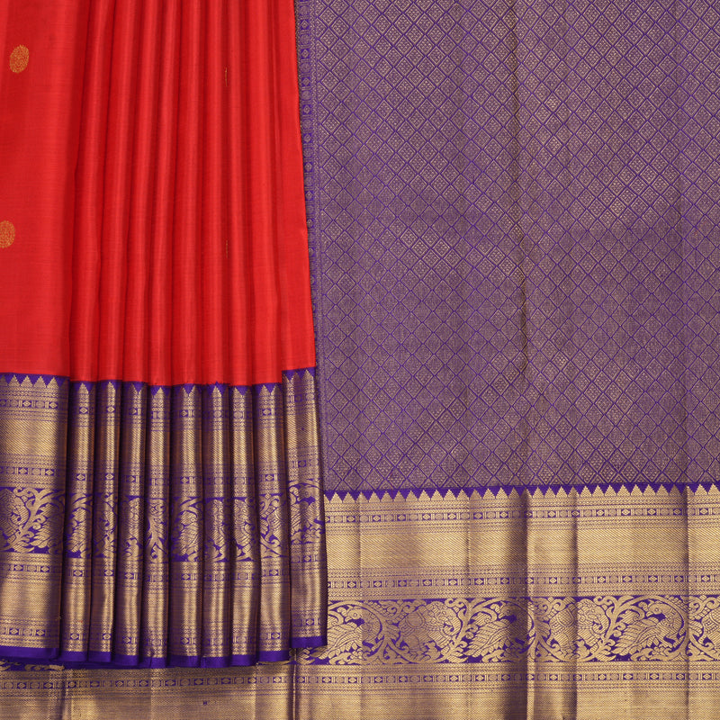Hayagrivas Handloom Red Kanjivaram Silk Saree with Purplish-Blue Border KBF1008I1-2