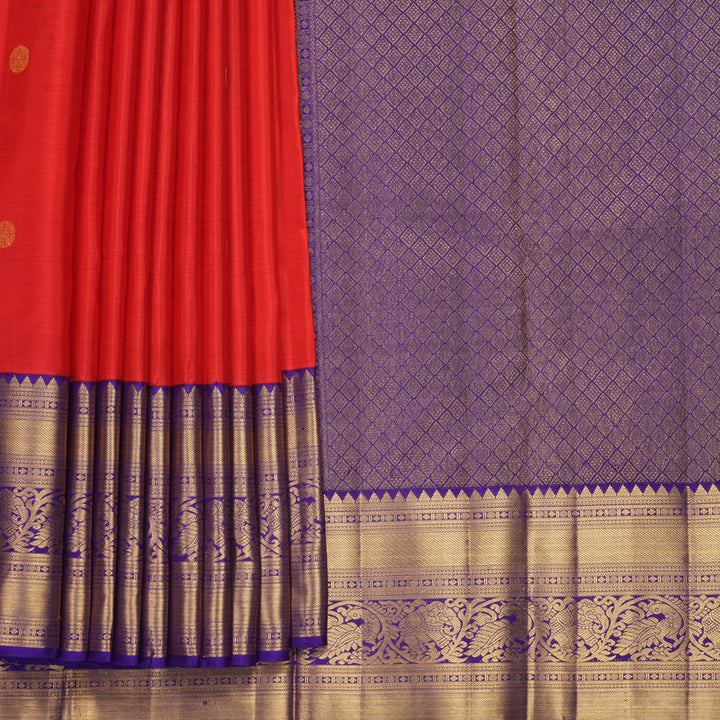 Hayagrivas Handloom Red Kanjivaram Silk Saree with Purplish-Blue Border KBF1008I1-2