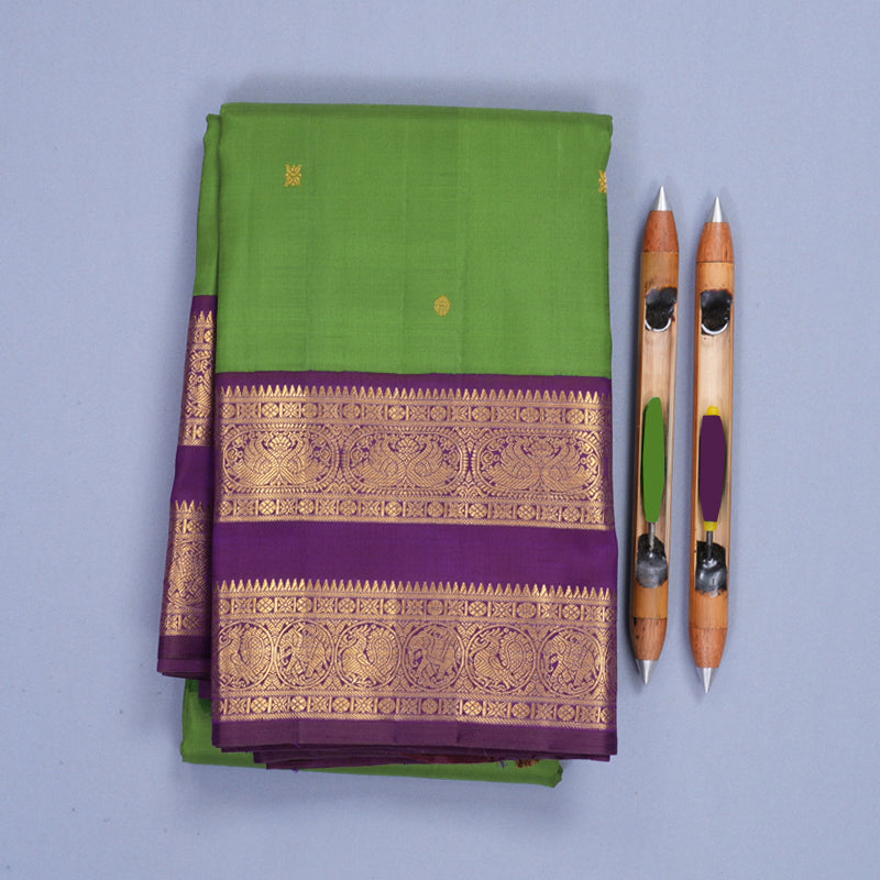 Hayagrivas Handloom Olive Green Kanjivaram Silk Saree with Purple Border KBF1008I2-1