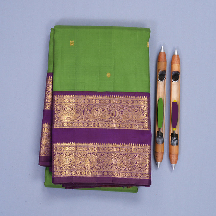 Hayagrivas Handloom Olive Green Kanjivaram Silk Saree with Purple Border KBF1008I2-1
