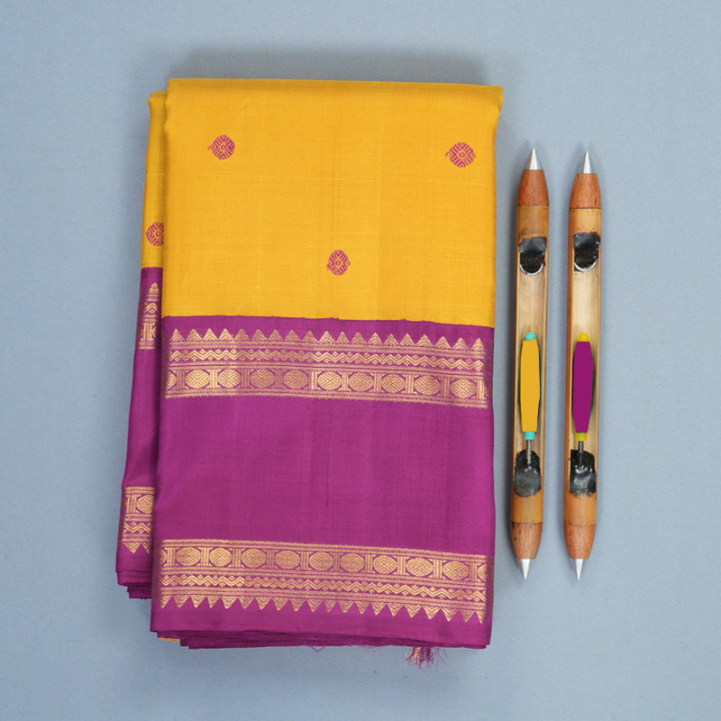 Hayagrivas Handloom Mustard Yellow Kanjivaram Silk Saree with Vadamalli Purple Border KBF1008I2-2