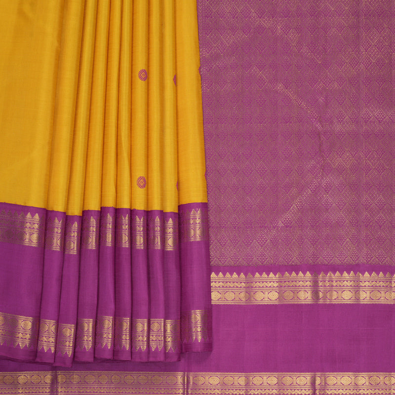 Hayagrivas Handloom Mustard Yellow Kanjivaram Silk Saree with Vadamalli Purple Border KBF1008I2-2