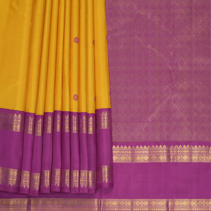 Hayagrivas Handloom Mustard Yellow Kanjivaram Silk Saree with Vadamalli Purple Border KBF1008I2-2