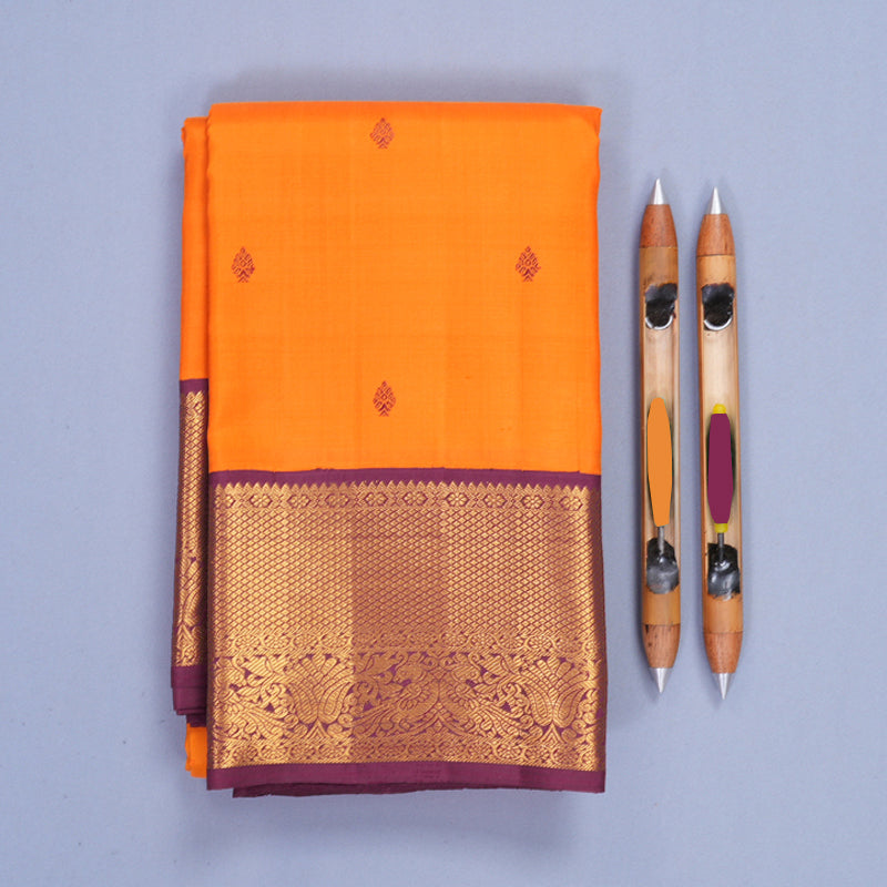Hayagrivas Handloom Mambazham Orange Kanjivaram Silk Saree with Magenta-Purple Border KBF1008I2-4