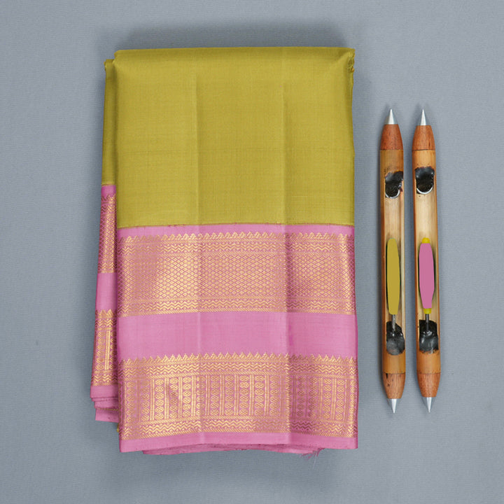 Hayagrivas Handloom Beige-Yellow Kanjivaram Silk Saree with Rose Pink Border KBF1008I3-3