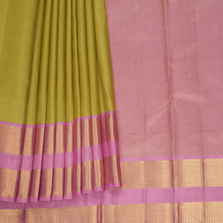 Hayagrivas Handloom Beige-Yellow Kanjivaram Silk Saree with Rose Pink Border KBF1008I3-3