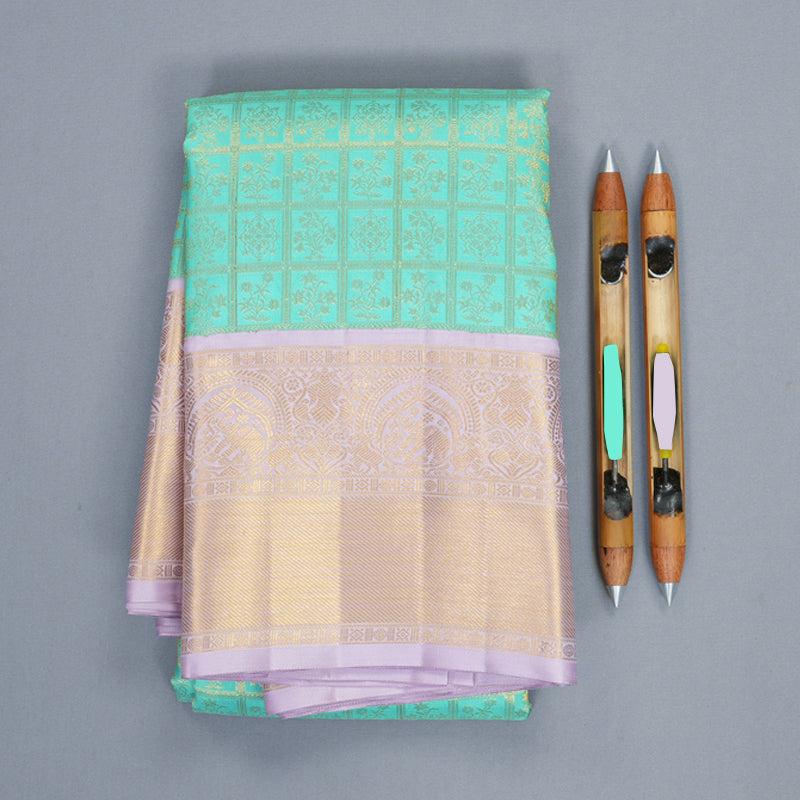 Hayagrivas Handloom Bright Teal Kanjivaram Silk Saree with Lilac Border KBF1008I5-1