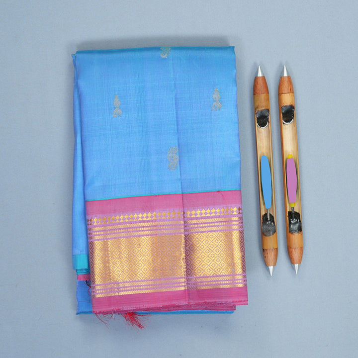Hayagrivas Dual Tone (Light Blue &amp; Lilac) Pure One-sided Border Kanjivaram Silk Saree KBF1010I2-14
