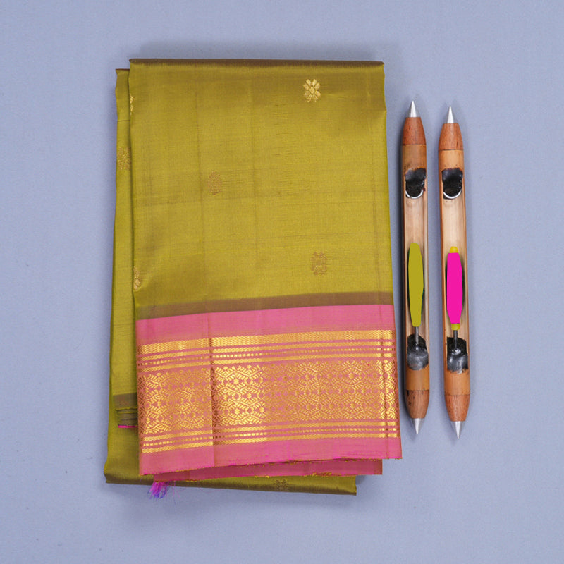 Hayagrivas Olive Green Pure One-sided Border Kanjivaram Silk Saree KBF1010I2-25