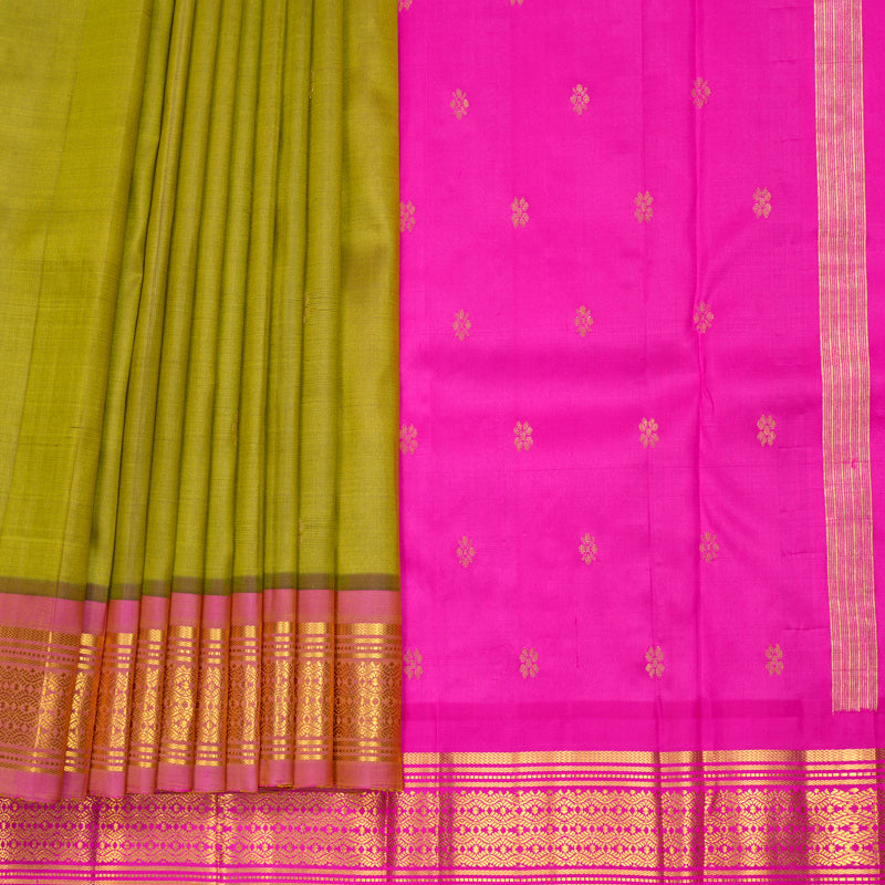 Hayagrivas Olive Green Pure One-sided Border Kanjivaram Silk Saree KBF1010I2-25