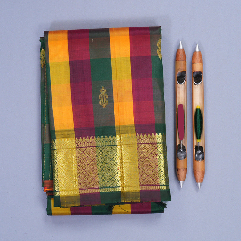 Hayagrivas Multicolour Checks Pure One-sided Border Kanjivaram Silk Saree KBF1010I4-3
