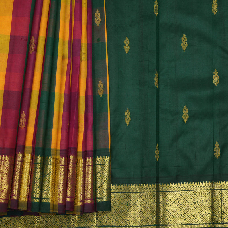 Hayagrivas Multicolour Checks Pure One-sided Border Kanjivaram Silk Saree KBF1010I4-3