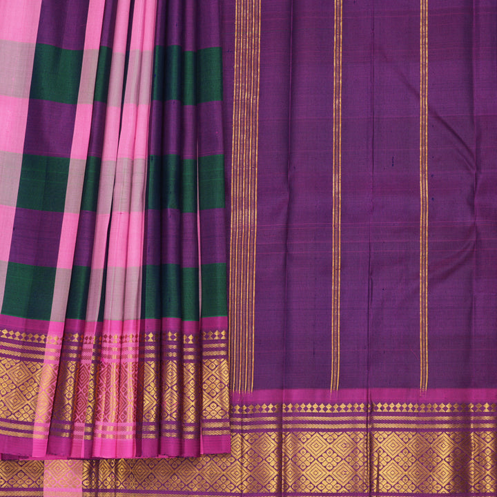 Hayagrivas Multicolour Checks Pure One-sided Border Kanjivaram Silk Saree KBF1010I4-4