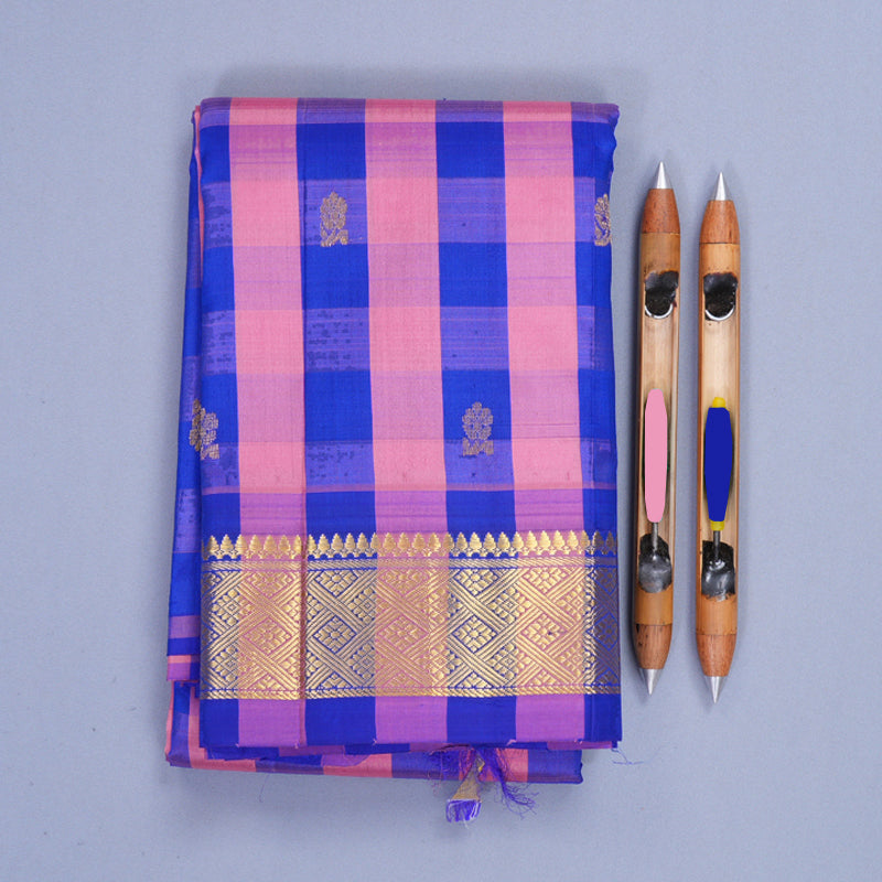 Hayagrivas Pink &amp; Blue Checks Pure One-sided Border Kanjivaram Silk Saree KBF1010I4-5