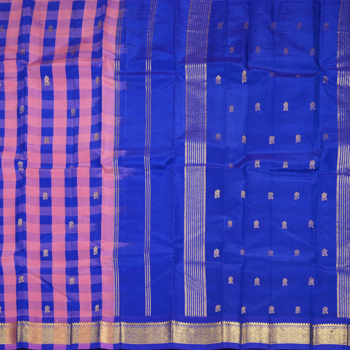 Hayagrivas Pink &amp; Blue Checks Pure One-sided Border Kanjivaram Silk Saree KBF1010I4-5