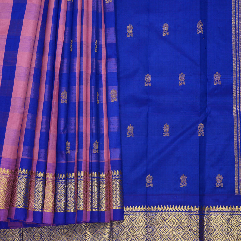 Hayagrivas Pink &amp; Blue Checks Pure One-sided Border Kanjivaram Silk Saree KBF1010I4-5