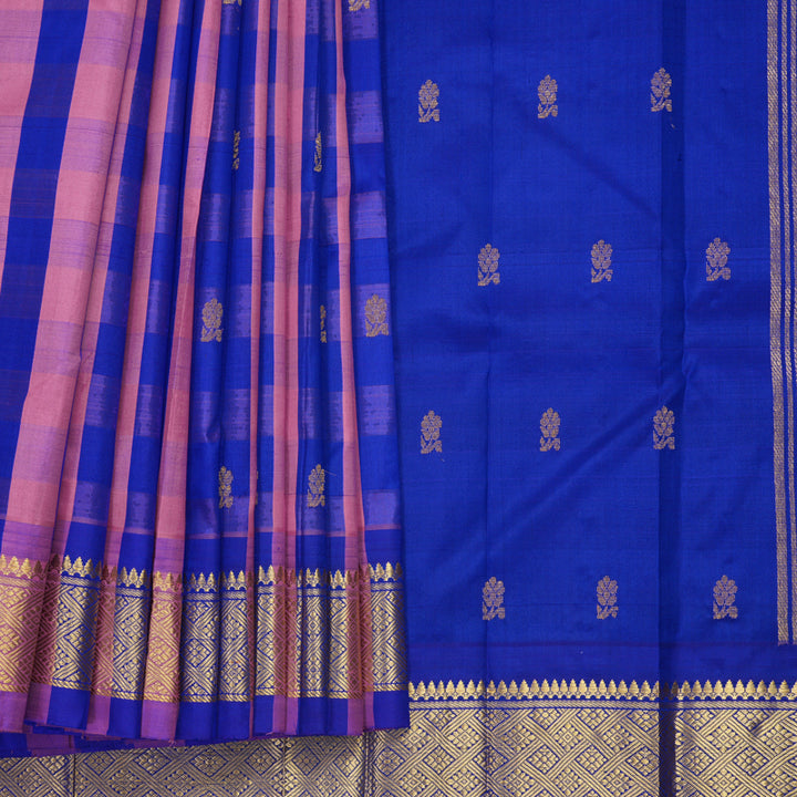 Hayagrivas Pink &amp; Blue Checks Pure One-sided Border Kanjivaram Silk Saree KBF1010I4-5