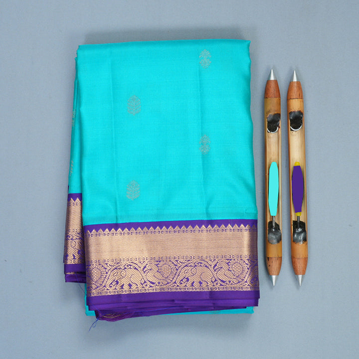Hayagrivas Handloom Sky Blue Kanjivaram Silk Saree with Purple Border KBF1012I1-2