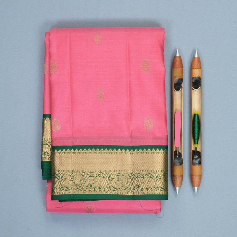 Hayagrivas Handloom Rose Pink Kanjivaram Silk Saree with Dark Green Border KBF1012I1-4