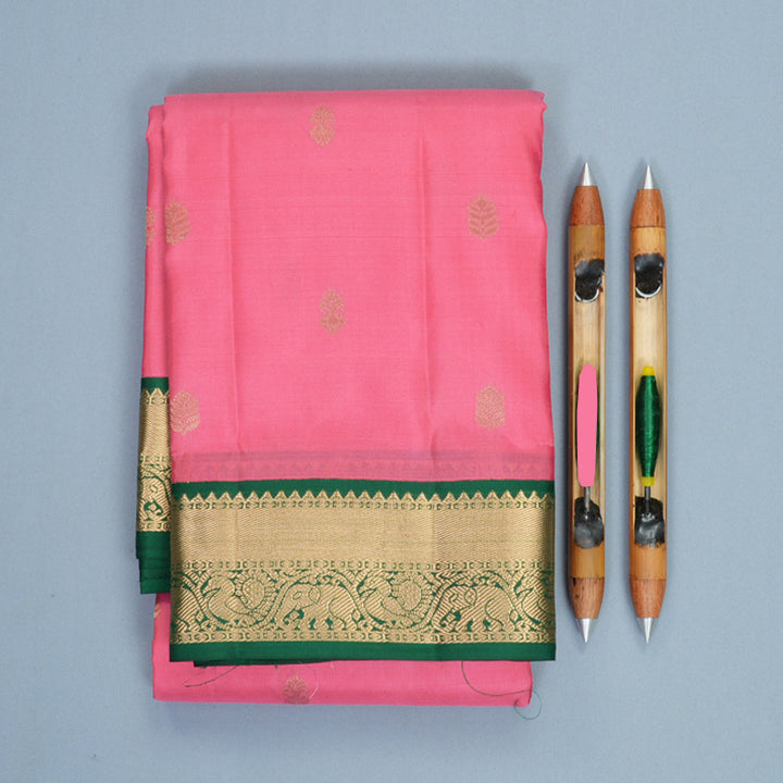 Hayagrivas Handloom Rose Pink Kanjivaram Silk Saree with Dark Green Border KBF1012I1-4