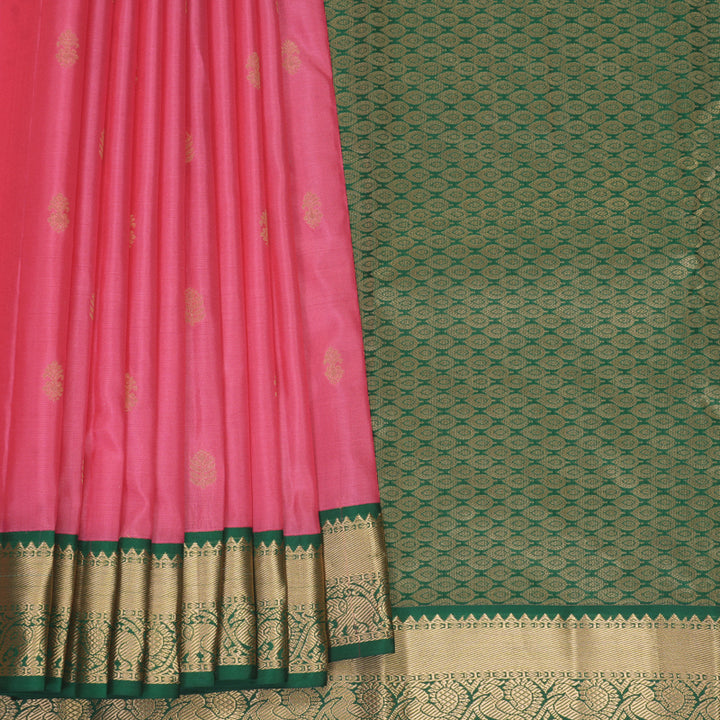 Hayagrivas Handloom Rose Pink Kanjivaram Silk Saree with Dark Green Border KBF1012I1-4