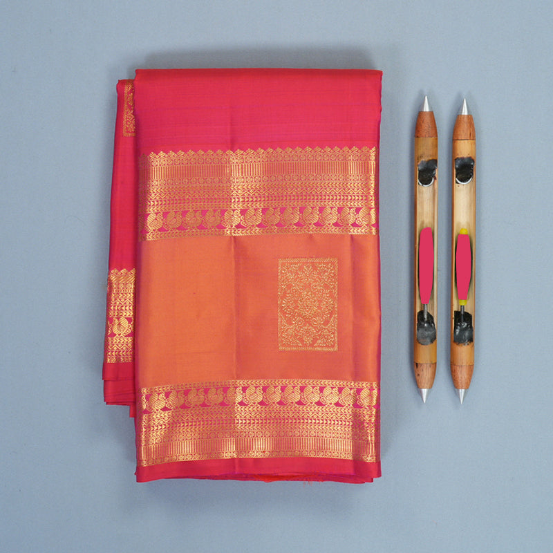 Hayagrivas Handloom Reddish-Pink Kanjivaram Silk Saree with Orangish-Pink Border KBF1013I10-2