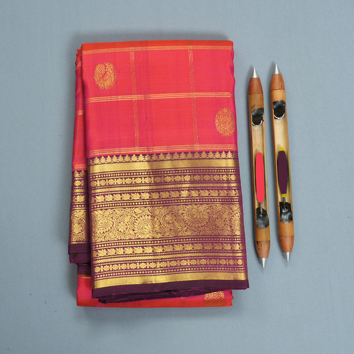 Hayagrivas Handloom Orangish-Pink Kanjivaram Silk Saree with Purple Border KBF1013I12-2