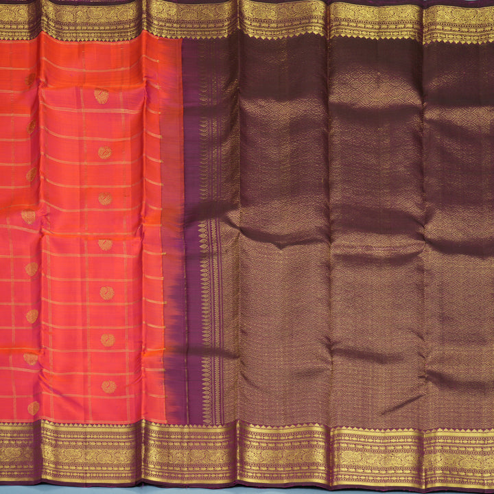 Hayagrivas Handloom Orangish-Pink Kanjivaram Silk Saree with Purple Border KBF1013I12-2
