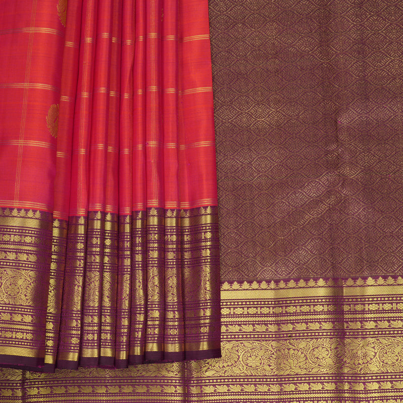 Hayagrivas Handloom Orangish-Pink Kanjivaram Silk Saree with Purple Border KBF1013I12-2