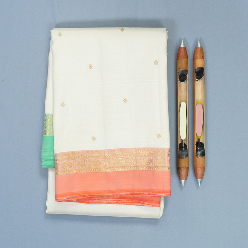 Hayagrivas Handloom Half-White Kanjivaram Silk Saree with Ganga Jamuna Border KBF1013I2-1