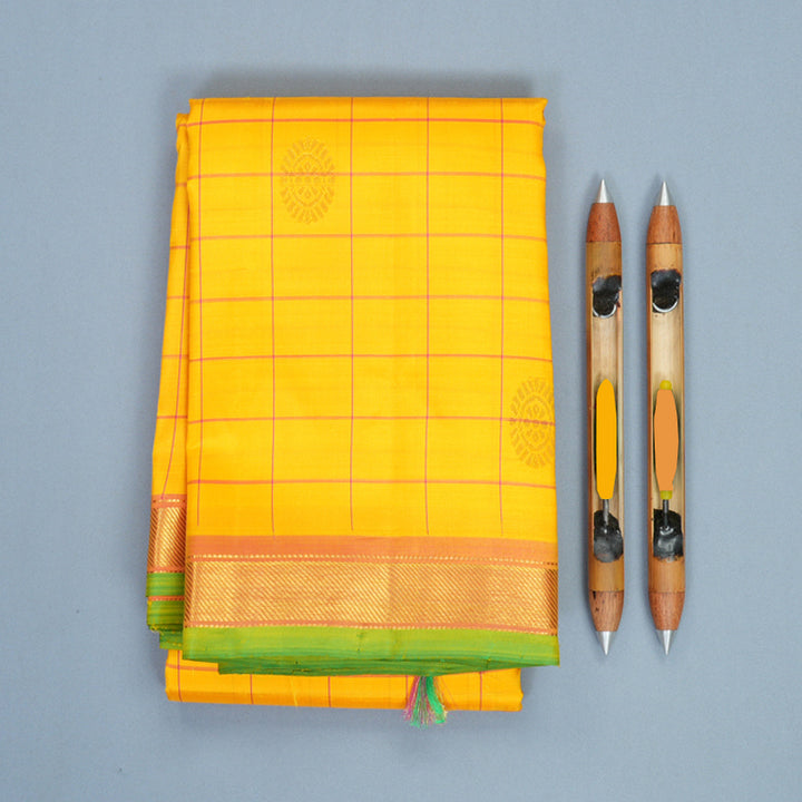 Hayagrivas Handloom Mango Yellow Kanjivaram Silk Saree with Mild Orangish-Pink Border KBF1013I2-3