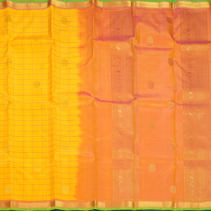 Hayagrivas Handloom Mango Yellow Kanjivaram Silk Saree with Mild Orangish-Pink Border KBF1013I2-3