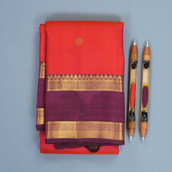 Hayagrivas Handloom Orangish-Pink Kanjivaram Silk Saree with Purple Border KBF1013I8-1