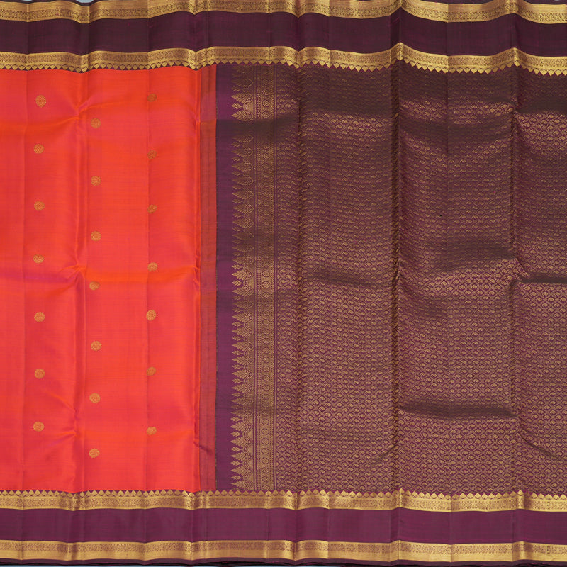 Hayagrivas Handloom Orangish-Pink Kanjivaram Silk Saree with Purple Border KBF1013I8-1