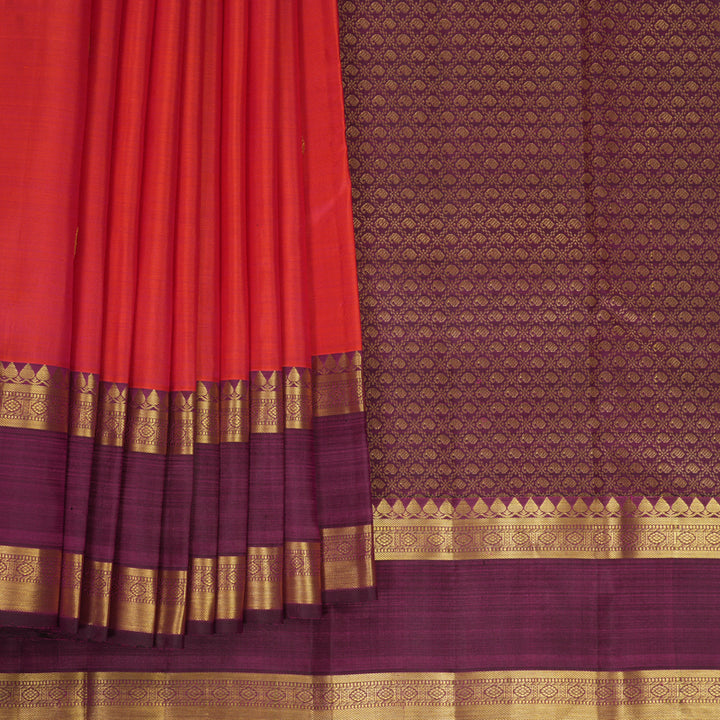 Hayagrivas Handloom Orangish-Pink Kanjivaram Silk Saree with Purple Border KBF1013I8-1