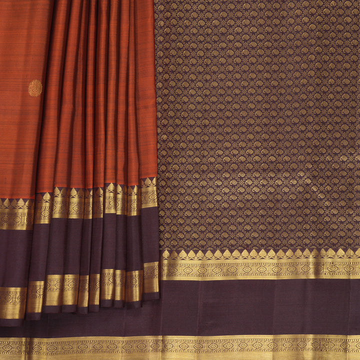 Hayagrivas Handloom Rust Orange Kanjivaram Silk Saree with Brown Border KBF1013I8-2