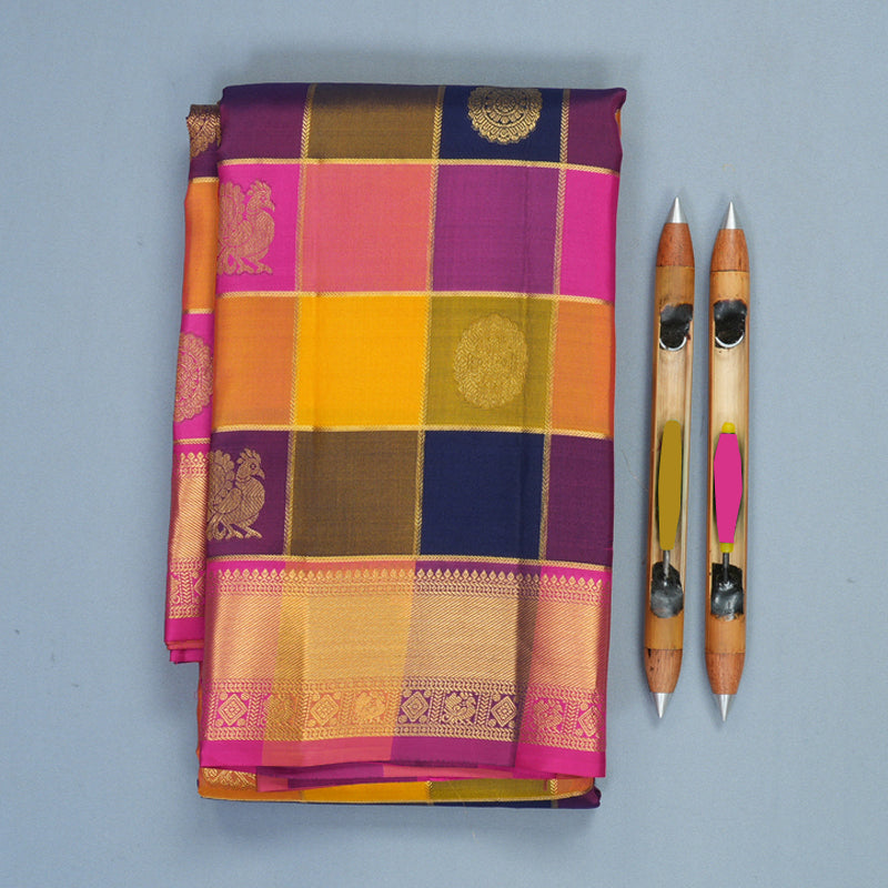 Hayagrivas Handloom Multicolour Checks Kanjivaram Silk Saree KBF1017I1-1