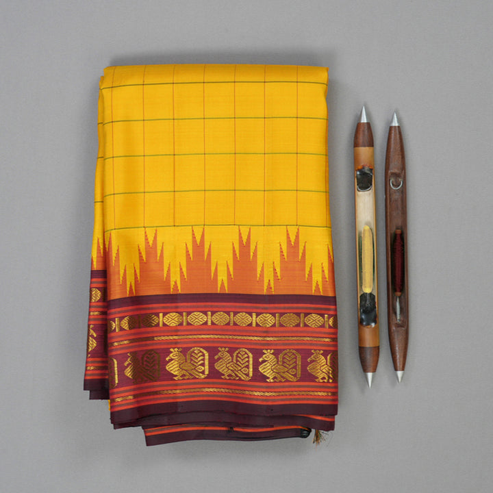 Hayagrivas Handloom Yellow Kanjivaram Silk Saree with Wine Border KBF101D2-1