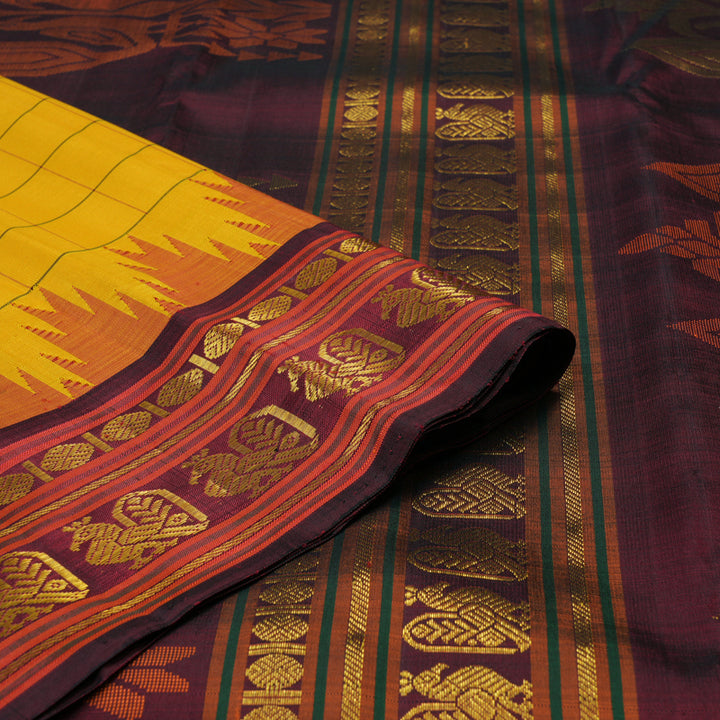 Hayagrivas Handloom Yellow Kanjivaram Silk Saree with Wine Border KBF101D2-1